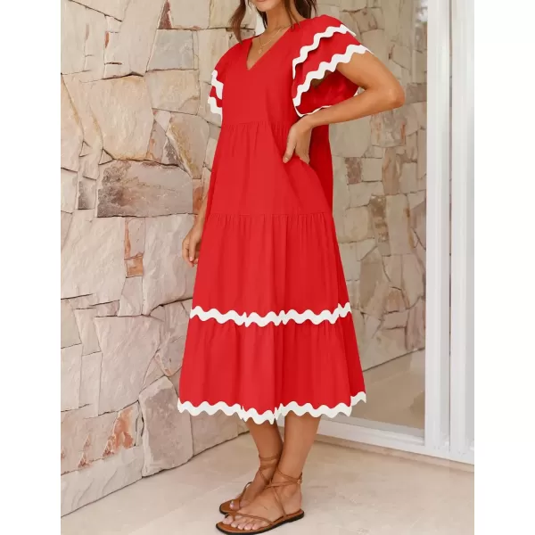 imageZESICA Womens 2024 Summer Casual Midi Dresses V Neck Flutter Short Sleeve Ruffle Tiered A Line Flowy Beach Long DressRed