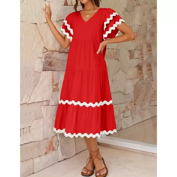 imageZESICA Womens 2024 Summer Casual Midi Dresses V Neck Flutter Short Sleeve Ruffle Tiered A Line Flowy Beach Long DressRed