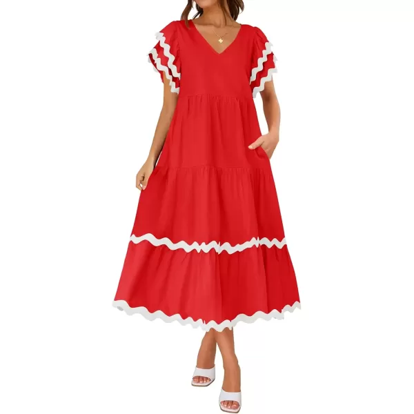 imageZESICA Womens 2024 Summer Casual Midi Dresses V Neck Flutter Short Sleeve Ruffle Tiered A Line Flowy Beach Long DressRed
