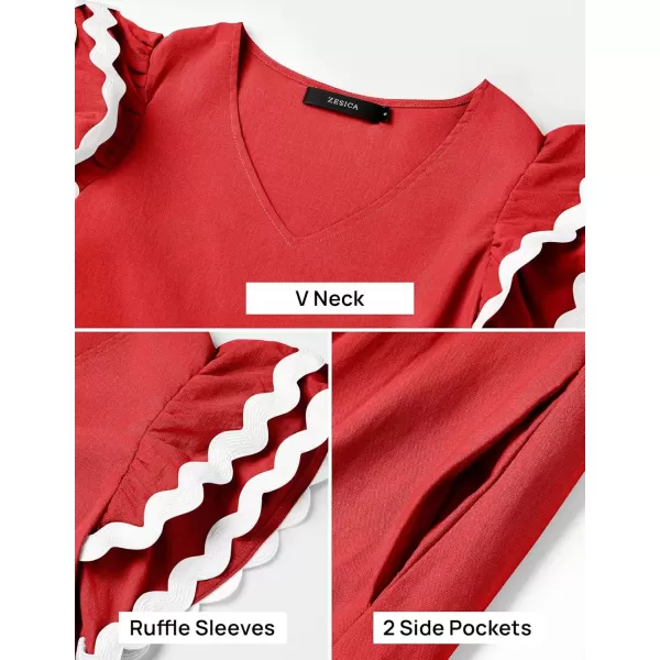 imageZESICA Womens 2024 Summer Casual Midi Dresses V Neck Flutter Short Sleeve Ruffle Tiered A Line Flowy Beach Long DressRed