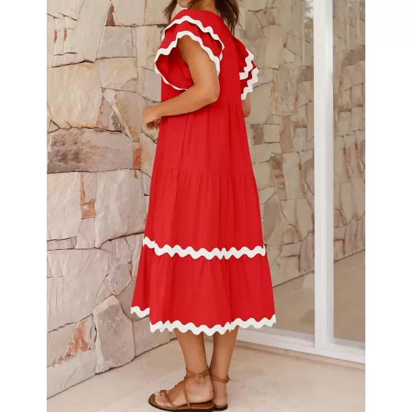 imageZESICA Womens 2024 Summer Casual Midi Dresses V Neck Flutter Short Sleeve Ruffle Tiered A Line Flowy Beach Long DressRed