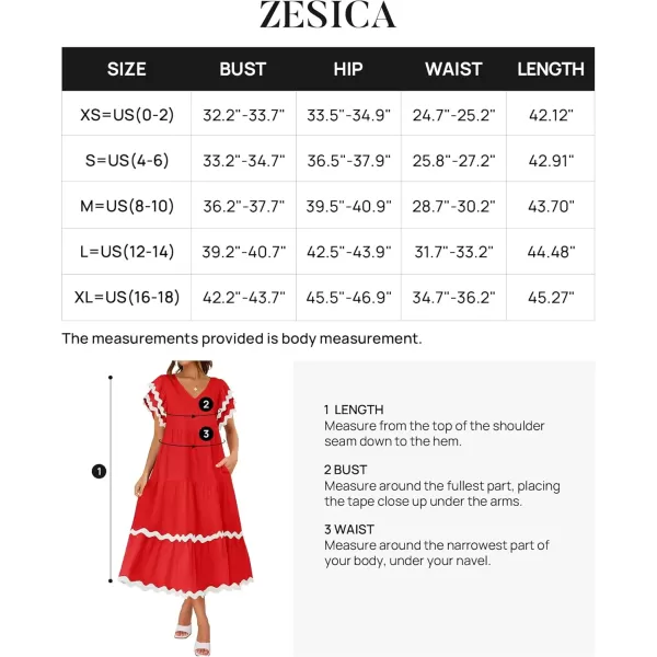 imageZESICA Womens 2024 Summer Casual Midi Dresses V Neck Flutter Short Sleeve Ruffle Tiered A Line Flowy Beach Long DressRed