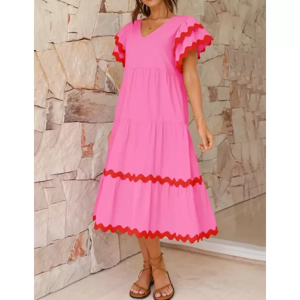 imageZESICA Womens 2024 Summer Casual Midi Dresses V Neck Flutter Short Sleeve Ruffle Tiered A Line Flowy Beach Long DressRose