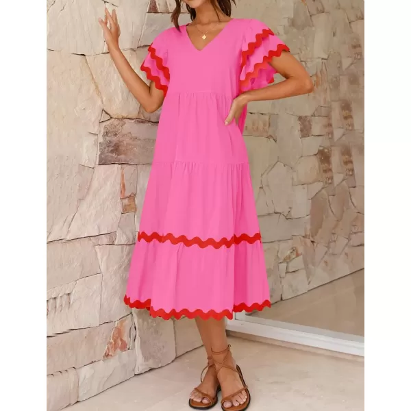 imageZESICA Womens 2024 Summer Casual Midi Dresses V Neck Flutter Short Sleeve Ruffle Tiered A Line Flowy Beach Long DressRose