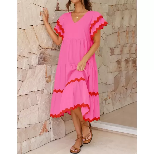 imageZESICA Womens 2024 Summer Casual Midi Dresses V Neck Flutter Short Sleeve Ruffle Tiered A Line Flowy Beach Long DressRose
