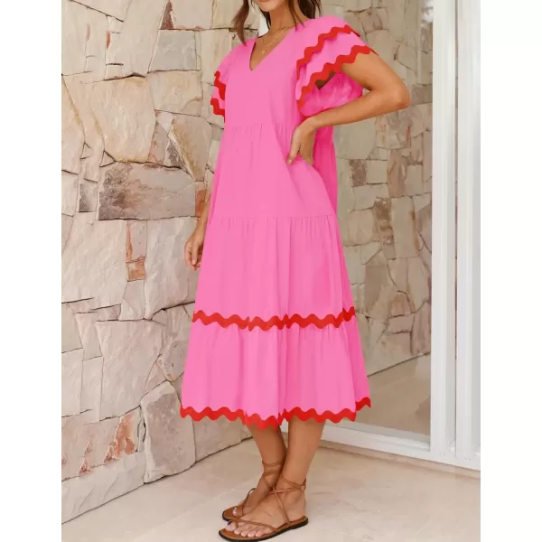 imageZESICA Womens 2024 Summer Casual Midi Dresses V Neck Flutter Short Sleeve Ruffle Tiered A Line Flowy Beach Long DressRose