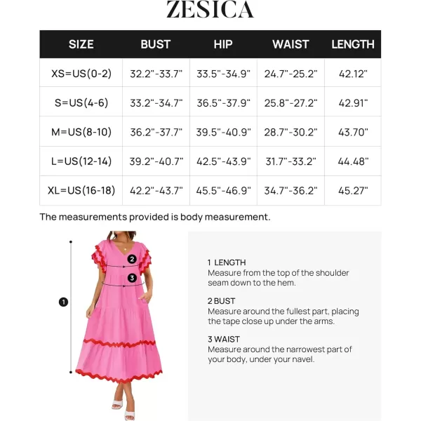 imageZESICA Womens 2024 Summer Casual Midi Dresses V Neck Flutter Short Sleeve Ruffle Tiered A Line Flowy Beach Long DressRose