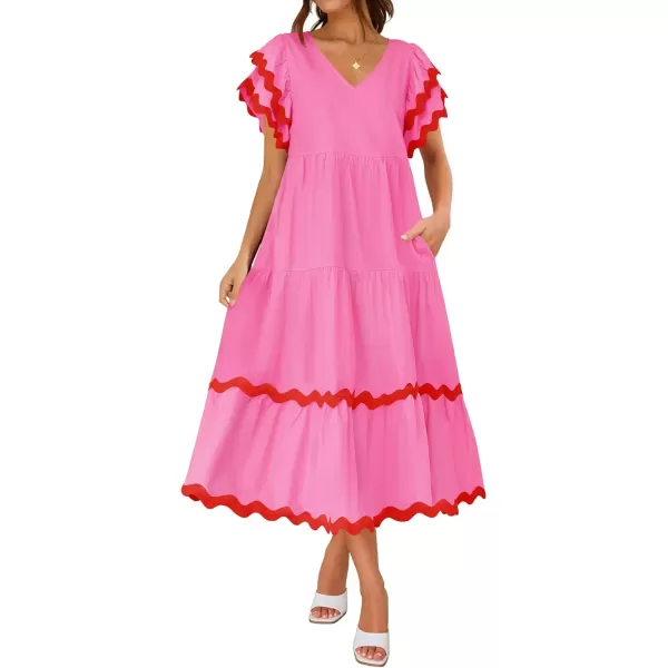 imageZESICA Womens 2024 Summer Casual Midi Dresses V Neck Flutter Short Sleeve Ruffle Tiered A Line Flowy Beach Long DressRose