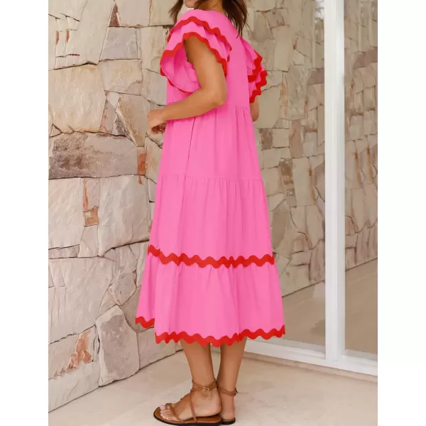imageZESICA Womens 2024 Summer Casual Midi Dresses V Neck Flutter Short Sleeve Ruffle Tiered A Line Flowy Beach Long DressRose