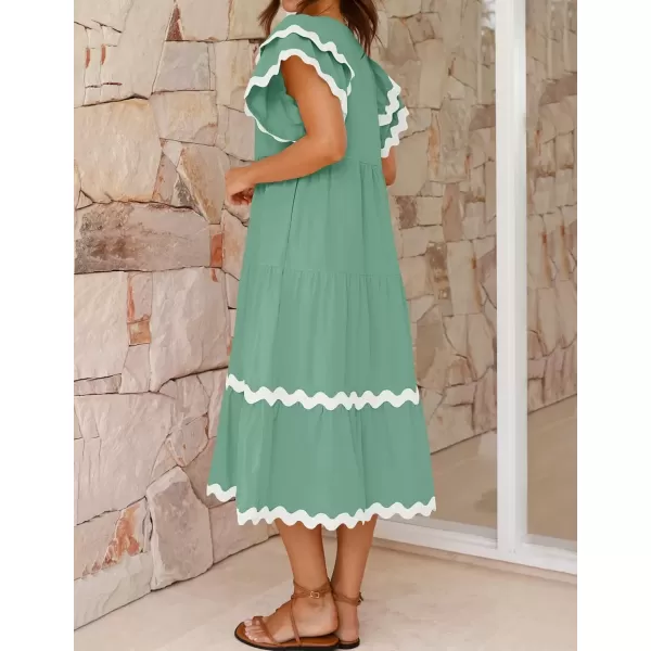 imageZESICA Womens 2024 Summer Casual Midi Dresses V Neck Flutter Short Sleeve Ruffle Tiered A Line Flowy Beach Long DressSage