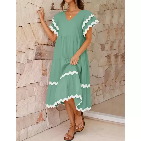 imageZESICA Womens 2024 Summer Casual Midi Dresses V Neck Flutter Short Sleeve Ruffle Tiered A Line Flowy Beach Long DressSage
