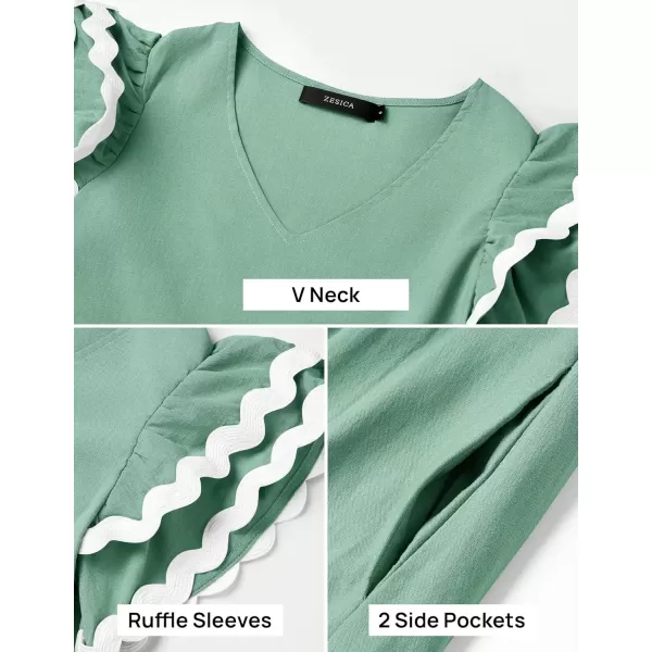 imageZESICA Womens 2024 Summer Casual Midi Dresses V Neck Flutter Short Sleeve Ruffle Tiered A Line Flowy Beach Long DressSage