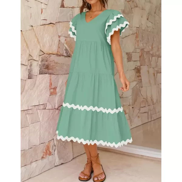 imageZESICA Womens 2024 Summer Casual Midi Dresses V Neck Flutter Short Sleeve Ruffle Tiered A Line Flowy Beach Long DressSage