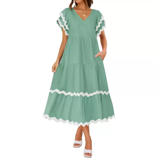imageZESICA Womens 2024 Summer Casual Midi Dresses V Neck Flutter Short Sleeve Ruffle Tiered A Line Flowy Beach Long DressSage