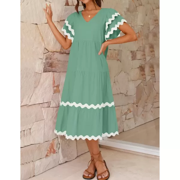 imageZESICA Womens 2024 Summer Casual Midi Dresses V Neck Flutter Short Sleeve Ruffle Tiered A Line Flowy Beach Long DressSage