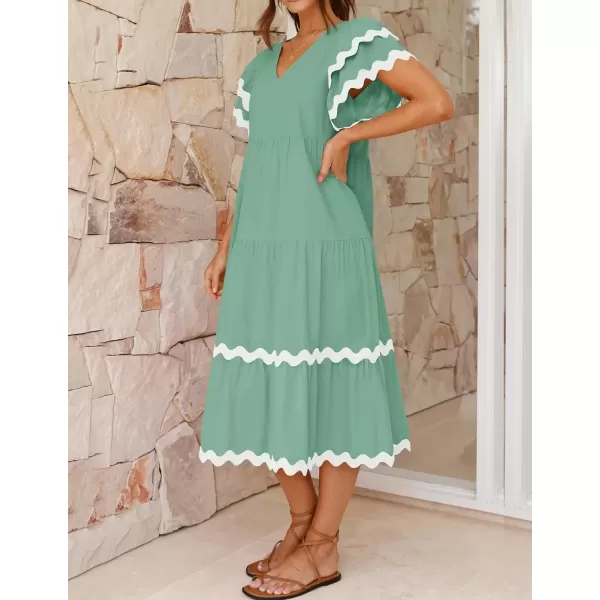imageZESICA Womens 2024 Summer Casual Midi Dresses V Neck Flutter Short Sleeve Ruffle Tiered A Line Flowy Beach Long DressSage