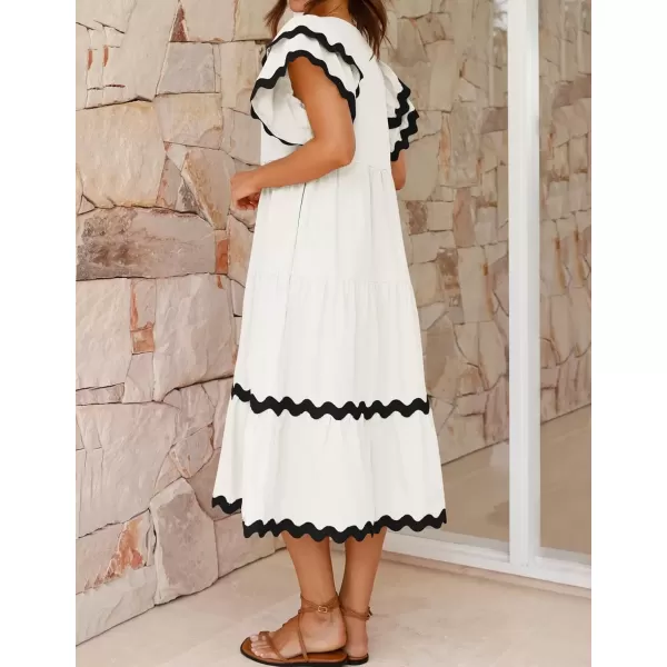 imageZESICA Womens 2024 Summer Casual Midi Dresses V Neck Flutter Short Sleeve Ruffle Tiered A Line Flowy Beach Long DressWhite