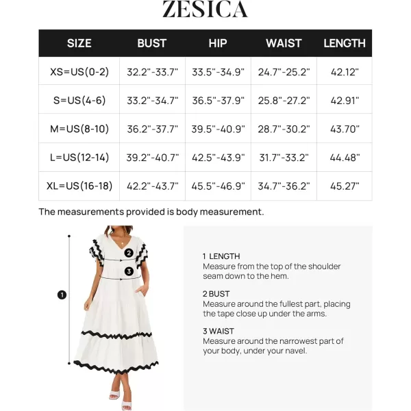 imageZESICA Womens 2024 Summer Casual Midi Dresses V Neck Flutter Short Sleeve Ruffle Tiered A Line Flowy Beach Long DressWhite