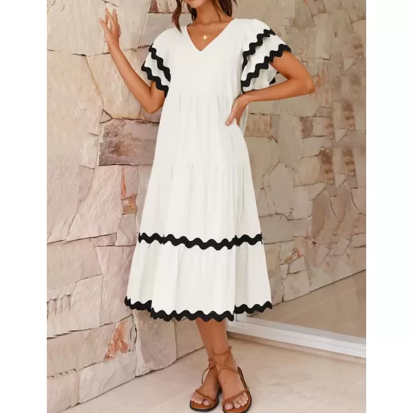 imageZESICA Womens 2024 Summer Casual Midi Dresses V Neck Flutter Short Sleeve Ruffle Tiered A Line Flowy Beach Long DressWhite