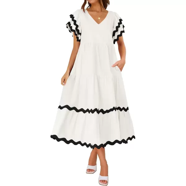 imageZESICA Womens 2024 Summer Casual Midi Dresses V Neck Flutter Short Sleeve Ruffle Tiered A Line Flowy Beach Long DressWhite