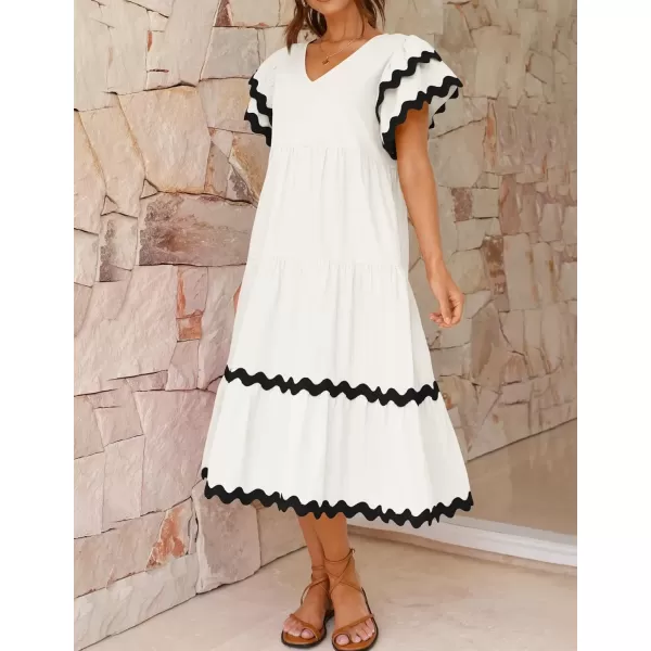 imageZESICA Womens 2024 Summer Casual Midi Dresses V Neck Flutter Short Sleeve Ruffle Tiered A Line Flowy Beach Long DressWhite