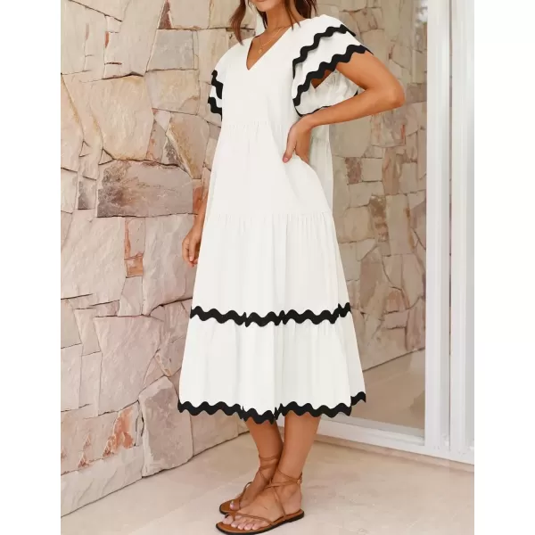 imageZESICA Womens 2024 Summer Casual Midi Dresses V Neck Flutter Short Sleeve Ruffle Tiered A Line Flowy Beach Long DressWhite