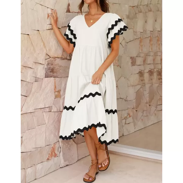 imageZESICA Womens 2024 Summer Casual Midi Dresses V Neck Flutter Short Sleeve Ruffle Tiered A Line Flowy Beach Long DressWhite