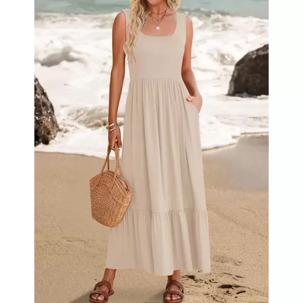 imageZESICA Womens 2024 Summer Sleeveless Dress Square Neck Pleated Swing Casual Maxi Dresses with PocketsApricot