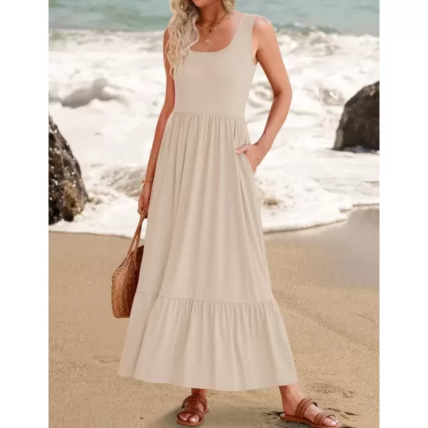 imageZESICA Womens 2024 Summer Sleeveless Dress Square Neck Pleated Swing Casual Maxi Dresses with PocketsApricot