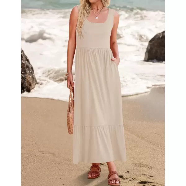 imageZESICA Womens 2024 Summer Sleeveless Dress Square Neck Pleated Swing Casual Maxi Dresses with PocketsApricot