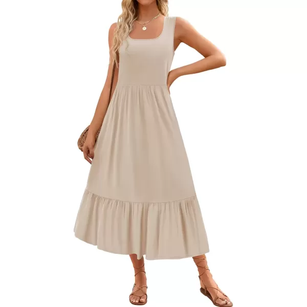 imageZESICA Womens 2024 Summer Sleeveless Dress Square Neck Pleated Swing Casual Maxi Dresses with PocketsApricot