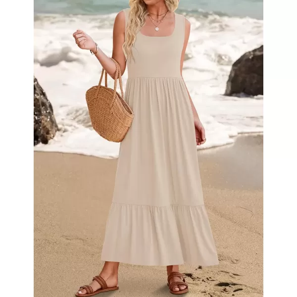 imageZESICA Womens 2024 Summer Sleeveless Dress Square Neck Pleated Swing Casual Maxi Dresses with PocketsApricot