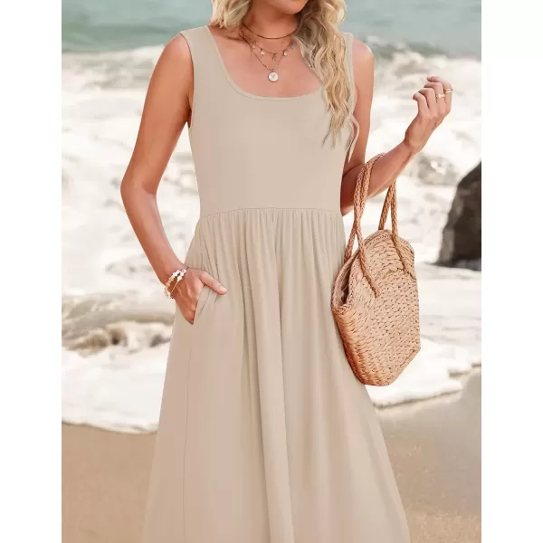 imageZESICA Womens 2024 Summer Sleeveless Dress Square Neck Pleated Swing Casual Maxi Dresses with PocketsApricot