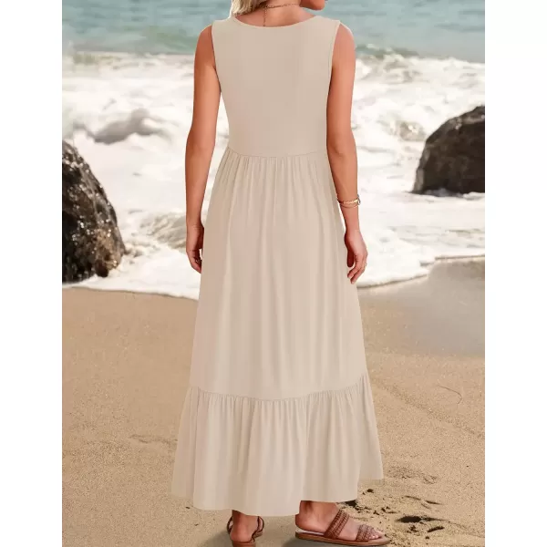 imageZESICA Womens 2024 Summer Sleeveless Dress Square Neck Pleated Swing Casual Maxi Dresses with PocketsApricot