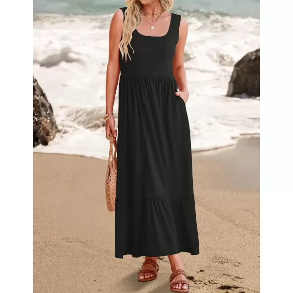 imageZESICA Womens 2024 Summer Sleeveless Dress Square Neck Pleated Swing Casual Maxi Dresses with PocketsBlack