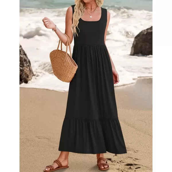 imageZESICA Womens 2024 Summer Sleeveless Dress Square Neck Pleated Swing Casual Maxi Dresses with PocketsBlack