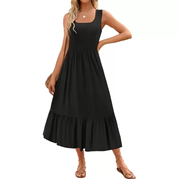 imageZESICA Womens 2024 Summer Sleeveless Dress Square Neck Pleated Swing Casual Maxi Dresses with PocketsBlack