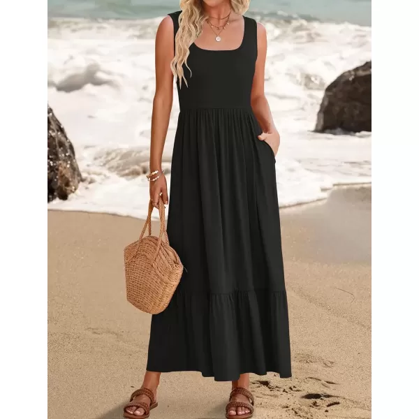 imageZESICA Womens 2024 Summer Sleeveless Dress Square Neck Pleated Swing Casual Maxi Dresses with PocketsBlack