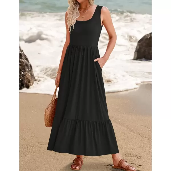 imageZESICA Womens 2024 Summer Sleeveless Dress Square Neck Pleated Swing Casual Maxi Dresses with PocketsBlack