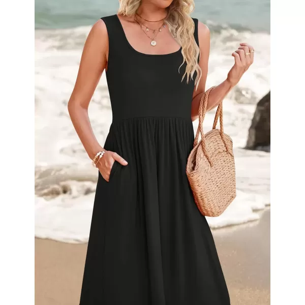 imageZESICA Womens 2024 Summer Sleeveless Dress Square Neck Pleated Swing Casual Maxi Dresses with PocketsBlack