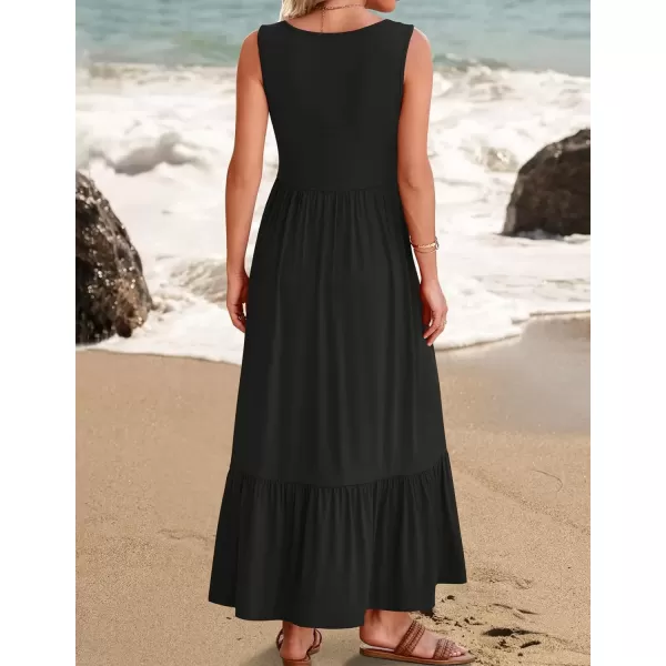 imageZESICA Womens 2024 Summer Sleeveless Dress Square Neck Pleated Swing Casual Maxi Dresses with PocketsBlack