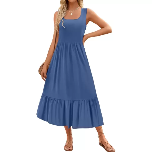 imageZESICA Womens 2024 Summer Sleeveless Dress Square Neck Pleated Swing Casual Maxi Dresses with PocketsDustyblue