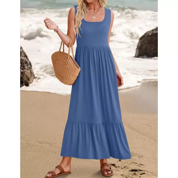 imageZESICA Womens 2024 Summer Sleeveless Dress Square Neck Pleated Swing Casual Maxi Dresses with PocketsDustyblue