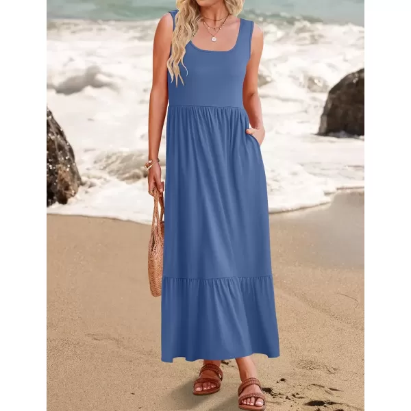 imageZESICA Womens 2024 Summer Sleeveless Dress Square Neck Pleated Swing Casual Maxi Dresses with PocketsDustyblue