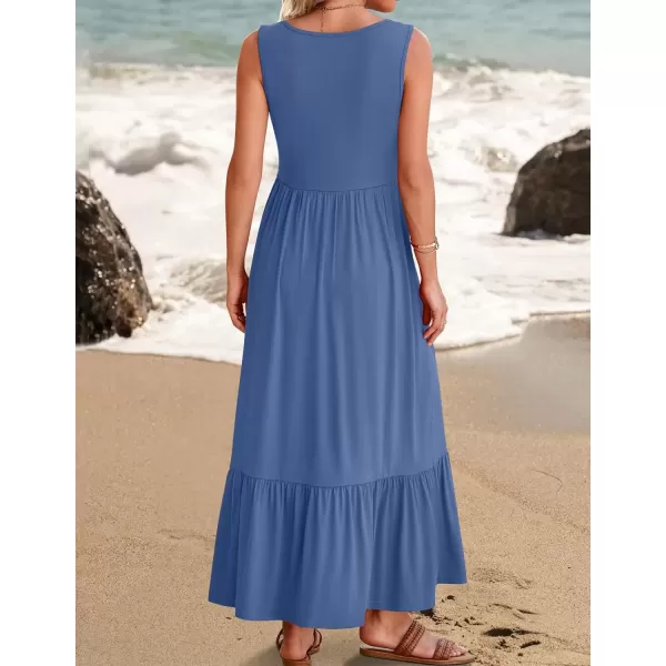imageZESICA Womens 2024 Summer Sleeveless Dress Square Neck Pleated Swing Casual Maxi Dresses with PocketsDustyblue