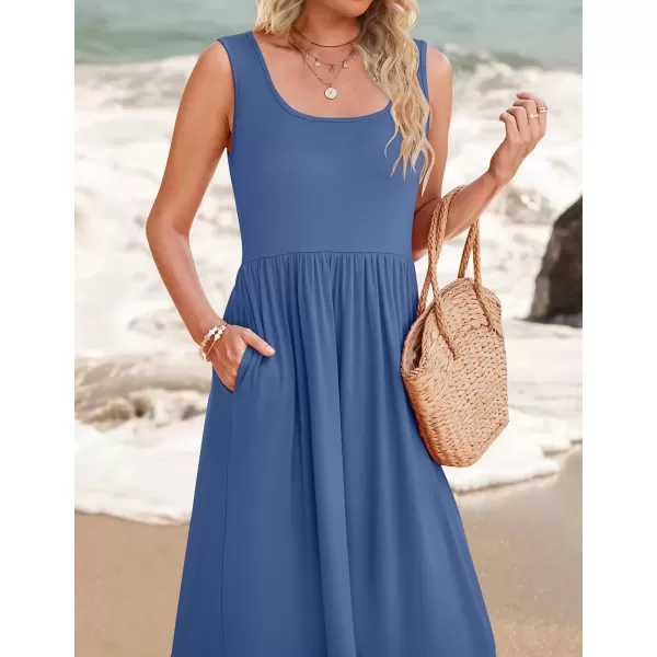 imageZESICA Womens 2024 Summer Sleeveless Dress Square Neck Pleated Swing Casual Maxi Dresses with PocketsDustyblue