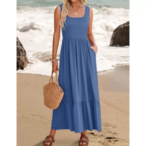 imageZESICA Womens 2024 Summer Sleeveless Dress Square Neck Pleated Swing Casual Maxi Dresses with PocketsDustyblue