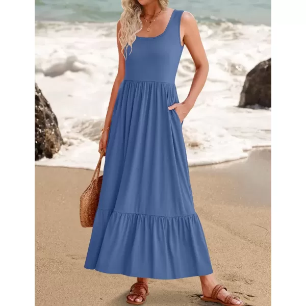 imageZESICA Womens 2024 Summer Sleeveless Dress Square Neck Pleated Swing Casual Maxi Dresses with PocketsDustyblue
