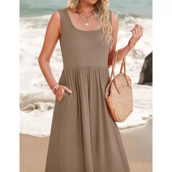imageZESICA Womens 2024 Summer Sleeveless Dress Square Neck Pleated Swing Casual Maxi Dresses with PocketsKhaki