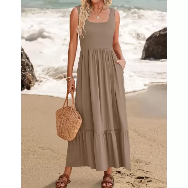 imageZESICA Womens 2024 Summer Sleeveless Dress Square Neck Pleated Swing Casual Maxi Dresses with PocketsKhaki